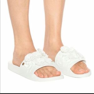 Tory Burch Blossom Floral Applique Slides In White